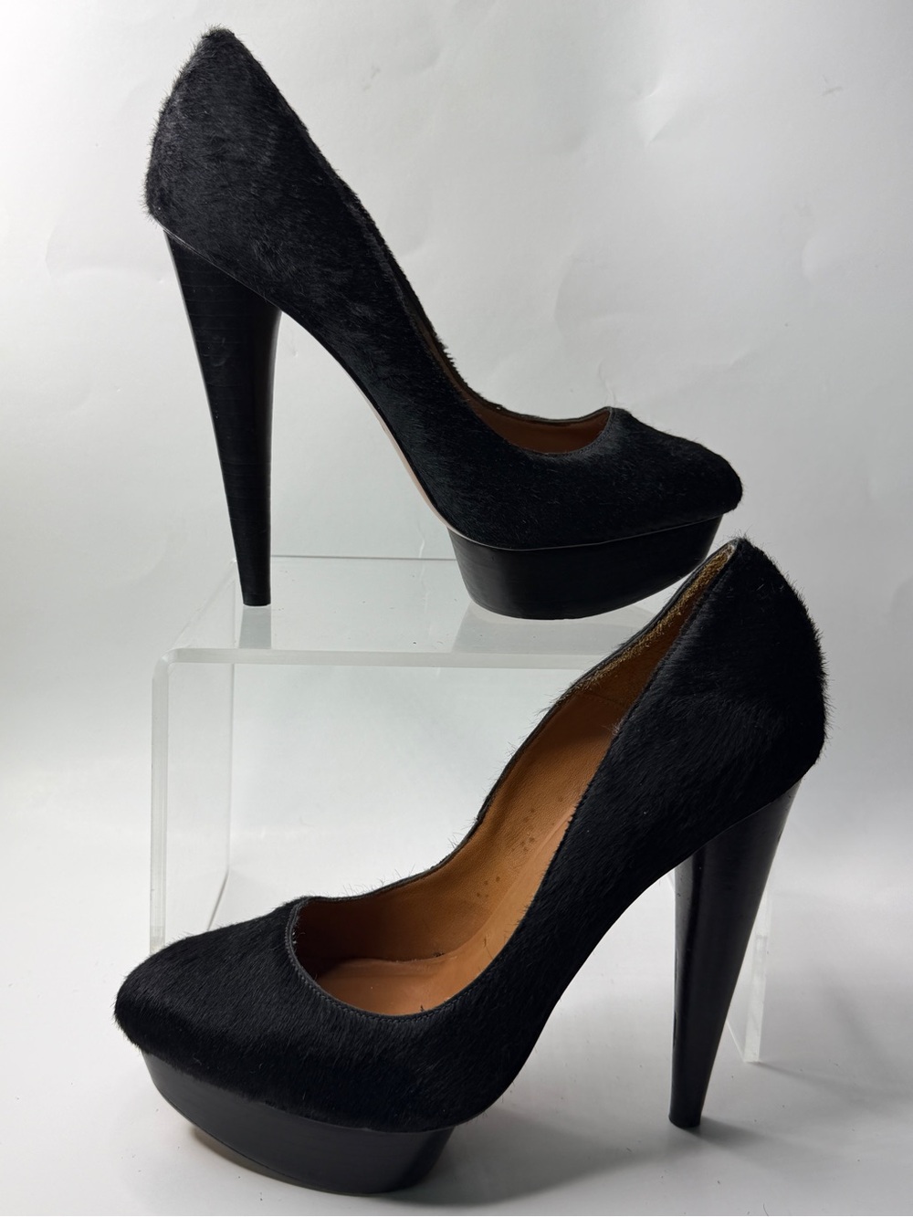 Elizabeth and James Black Haircalf Platform Stiletto Pumps